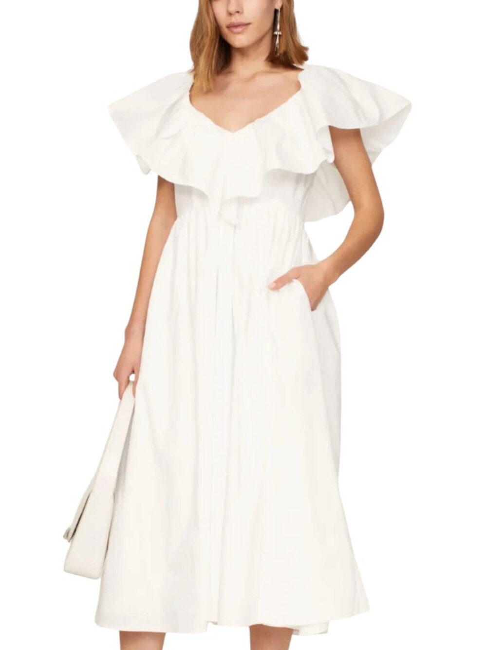 Adam Lippes Collection Midi Dress Ruffle Fit Flare Poplin White 10
